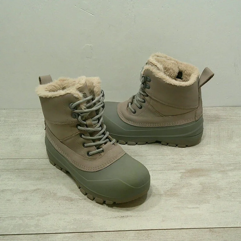 all in motion Leather Lace up Faux Fur lined Tan & Gray Snow Boots Size 4